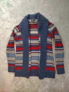 Ralph Lauren Cardigan Womens M Blue Gray Red Striped Cotton Blend Santa Fe Boho